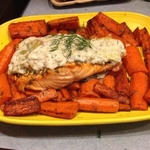salmon with dairy-free tzatziki sauce & dill carrots